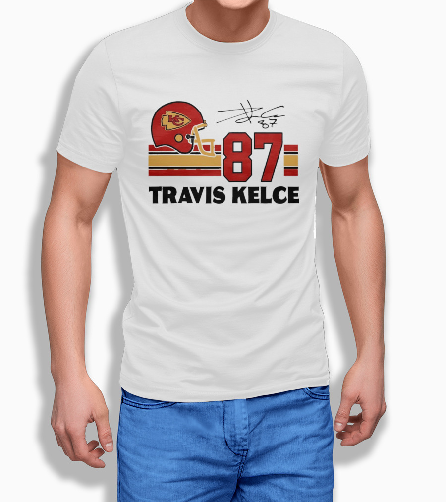 Kansas City Chiefs Travis Kelce 87 Red Gold Helmet Stripes T-Shirt