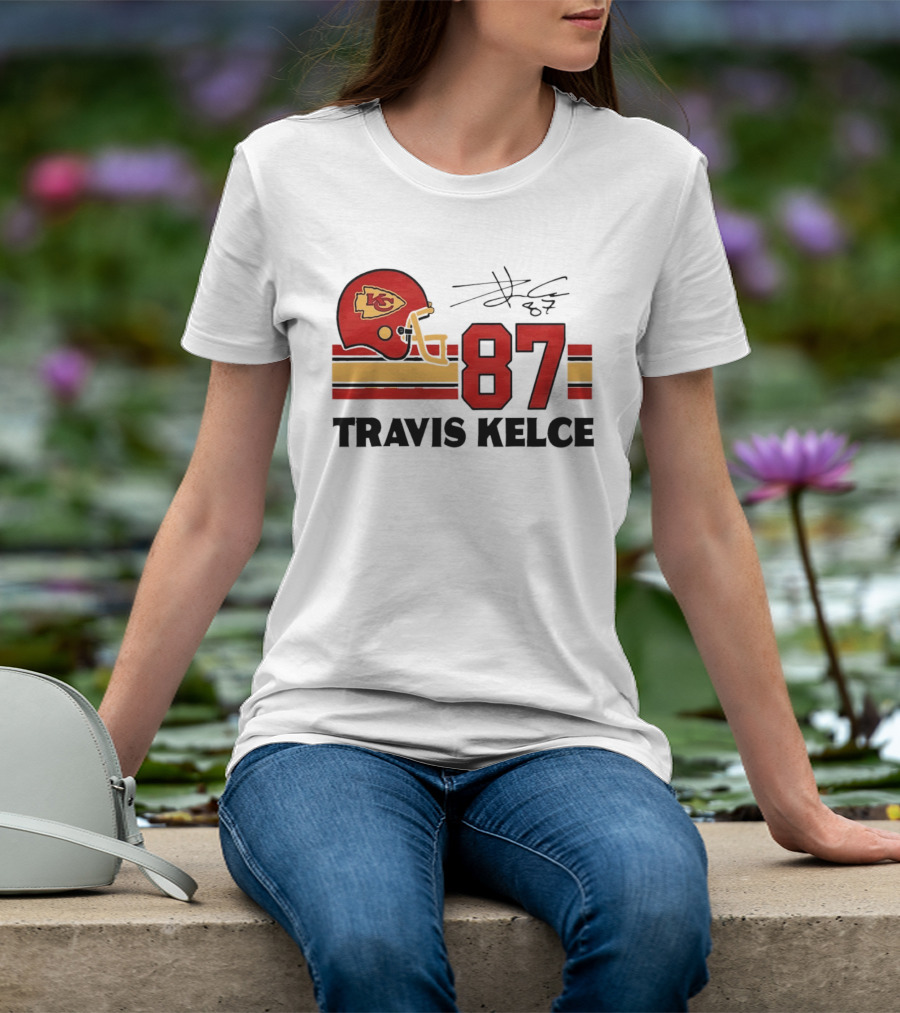 Kansas City Chiefs Travis Kelce 87 Red Gold Helmet Stripes T-Shirt