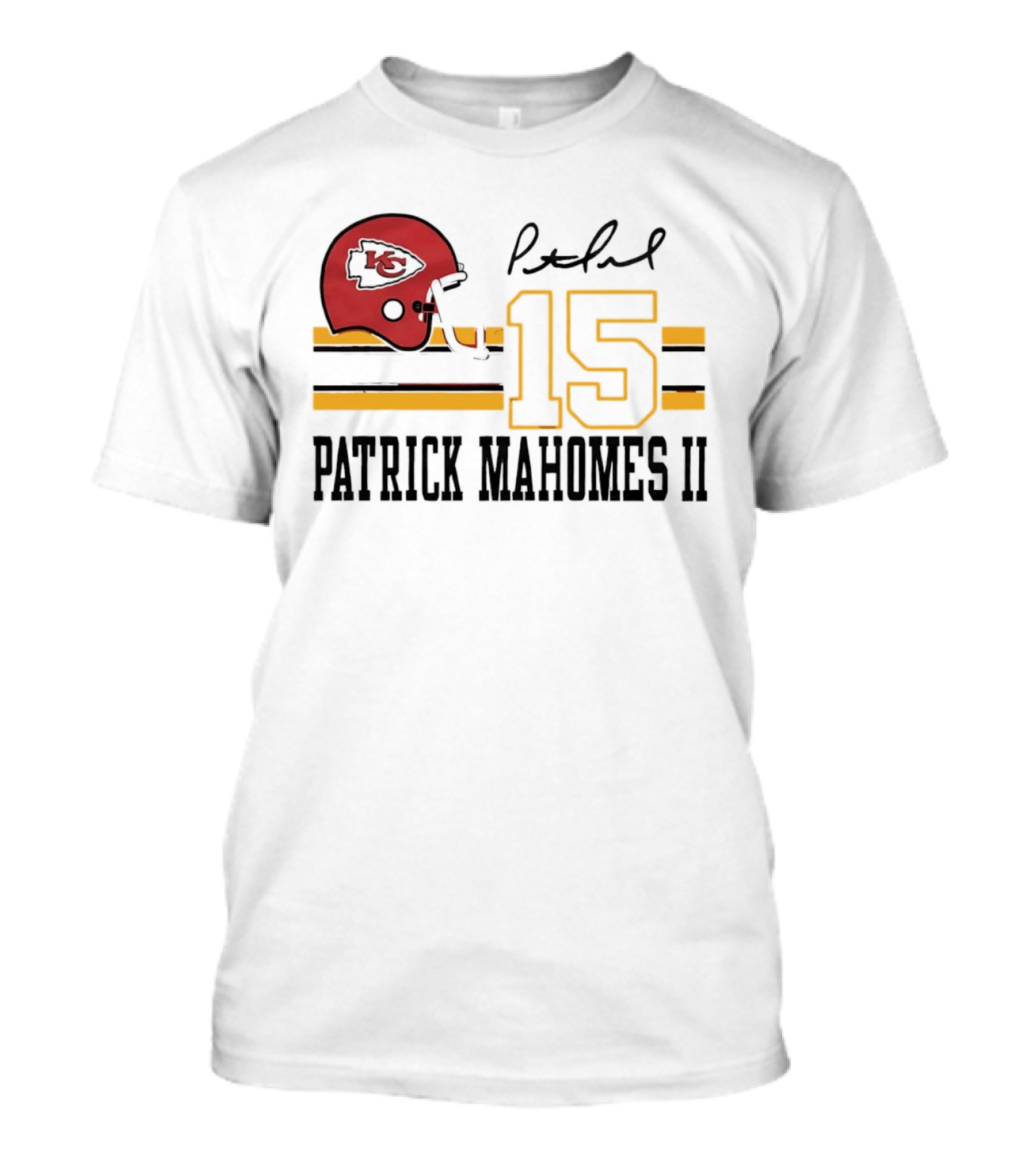 Kansas City Chiefs Patrick Mahomes II Number 15 Signature Football Helmet Stripes T-Shirt