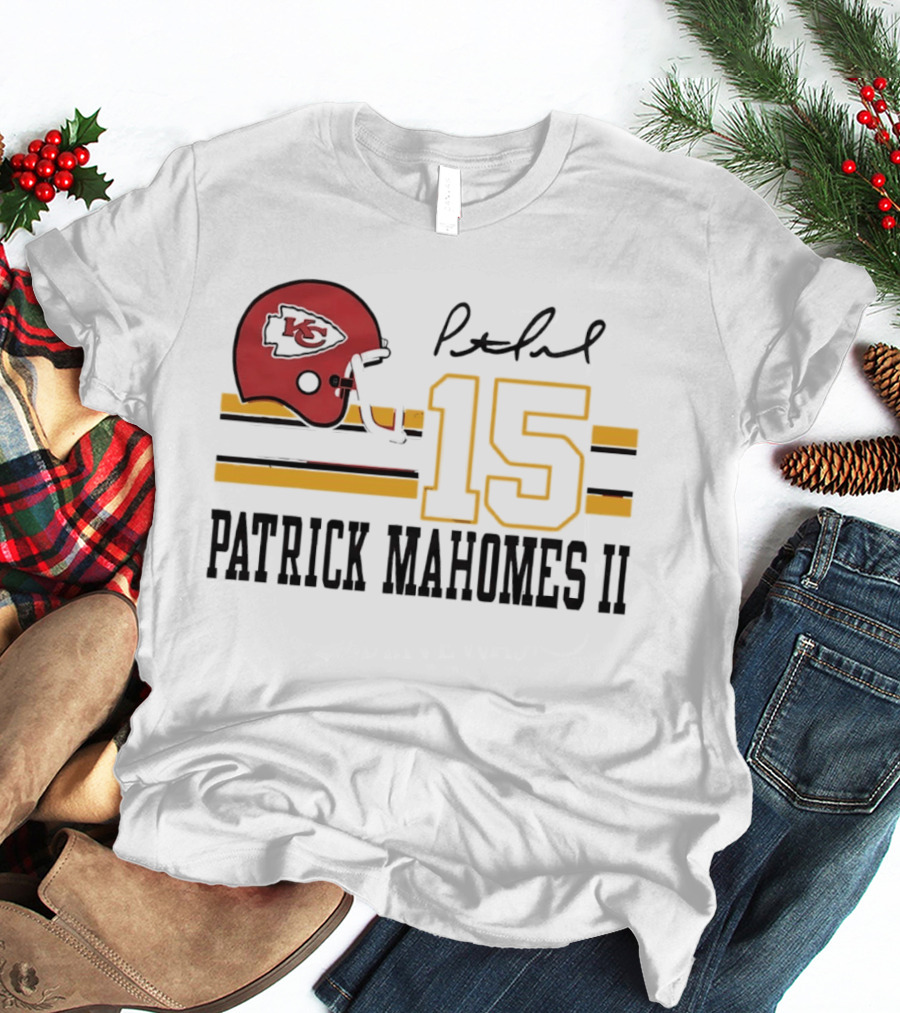 Kansas City Chiefs Patrick Mahomes II Number 15 Signature Football Helmet Stripes T-Shirt