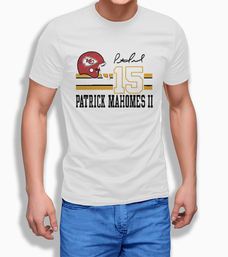 Kansas City Chiefs Patrick Mahomes II Number 15 Signature Football Helmet Stripes T-Shirt
