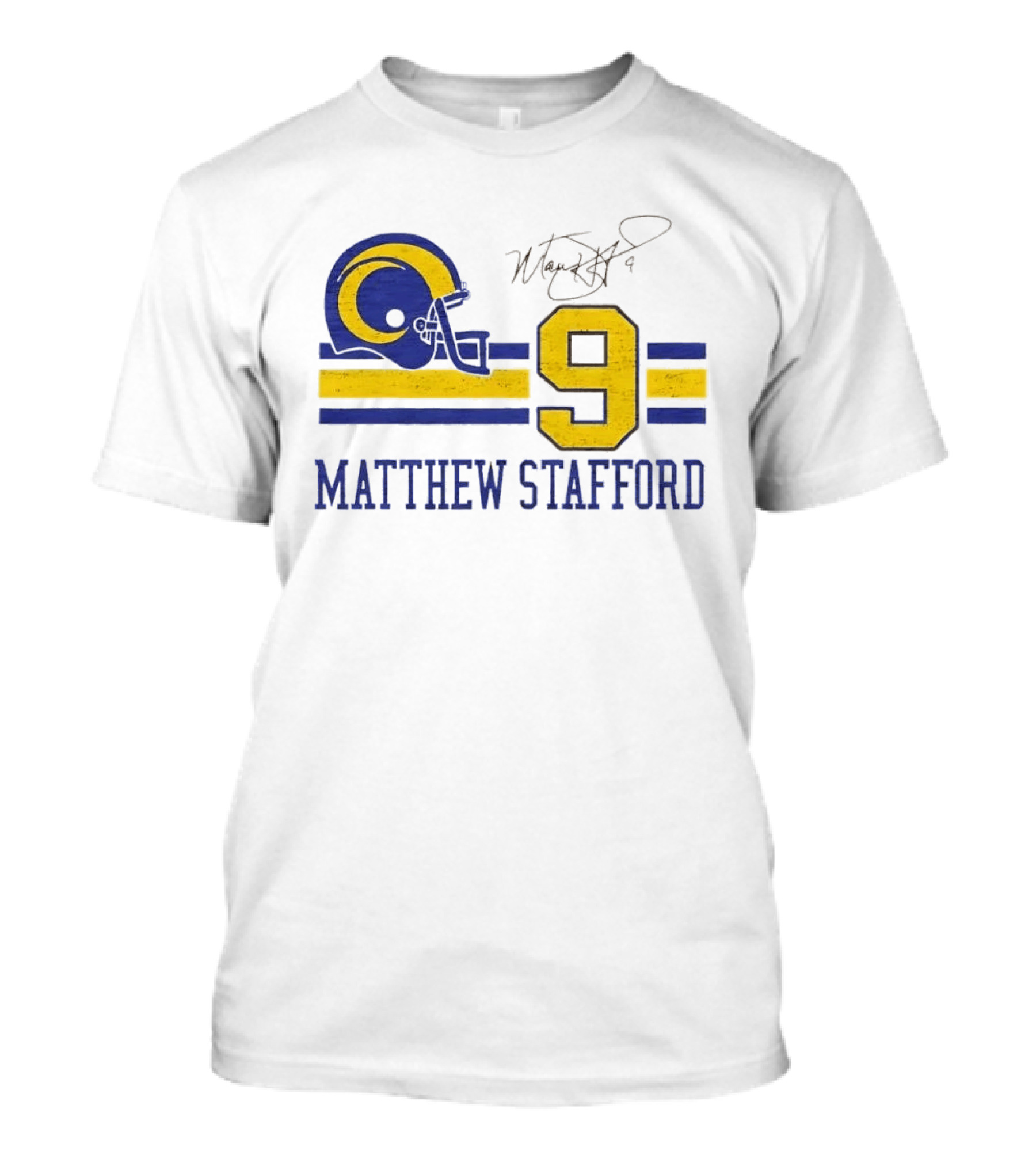 Los Angeles Rams Matthew Stafford Helmet Autograph Number 9 Blue Yellow Stripes T-Shirt
