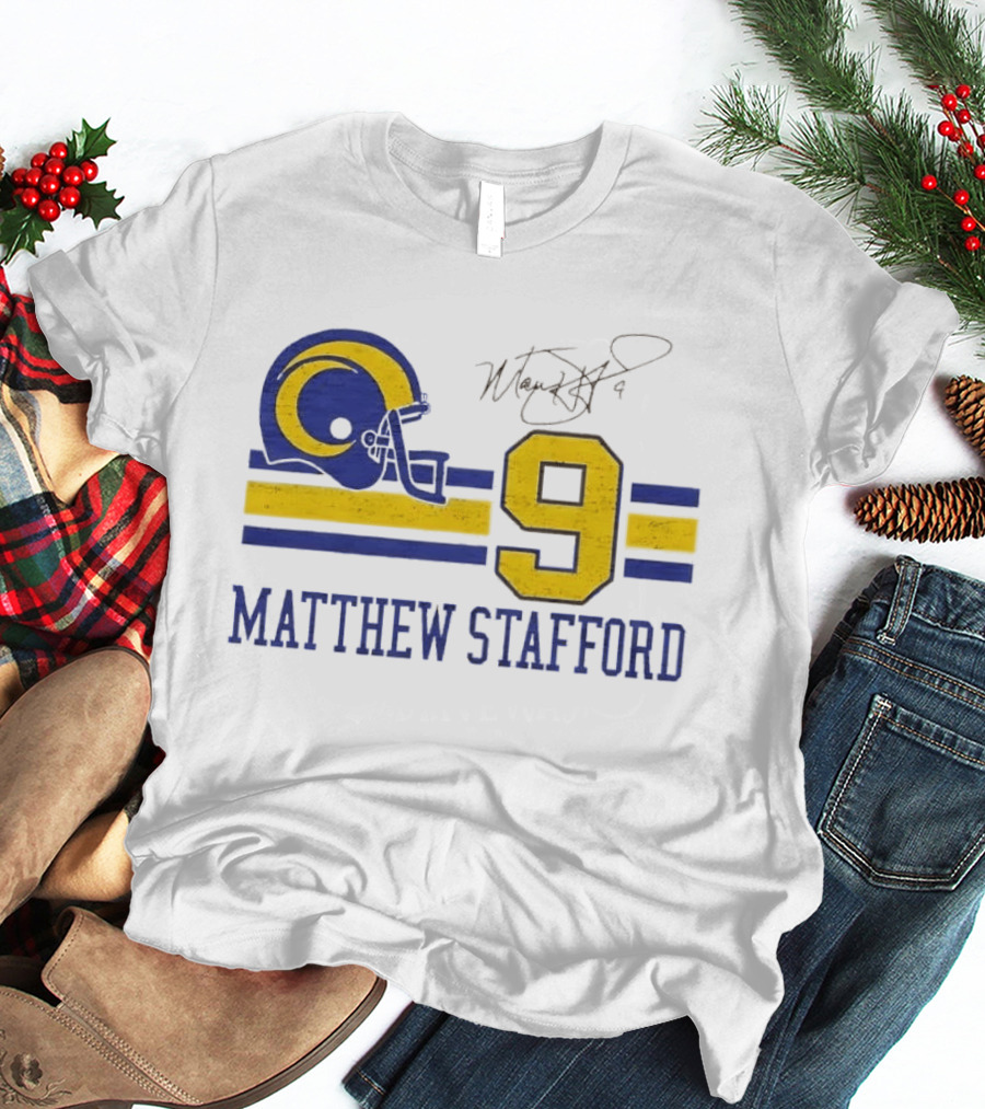 Los Angeles Rams Matthew Stafford Helmet Autograph Number 9 Blue Yellow Stripes T-Shirt