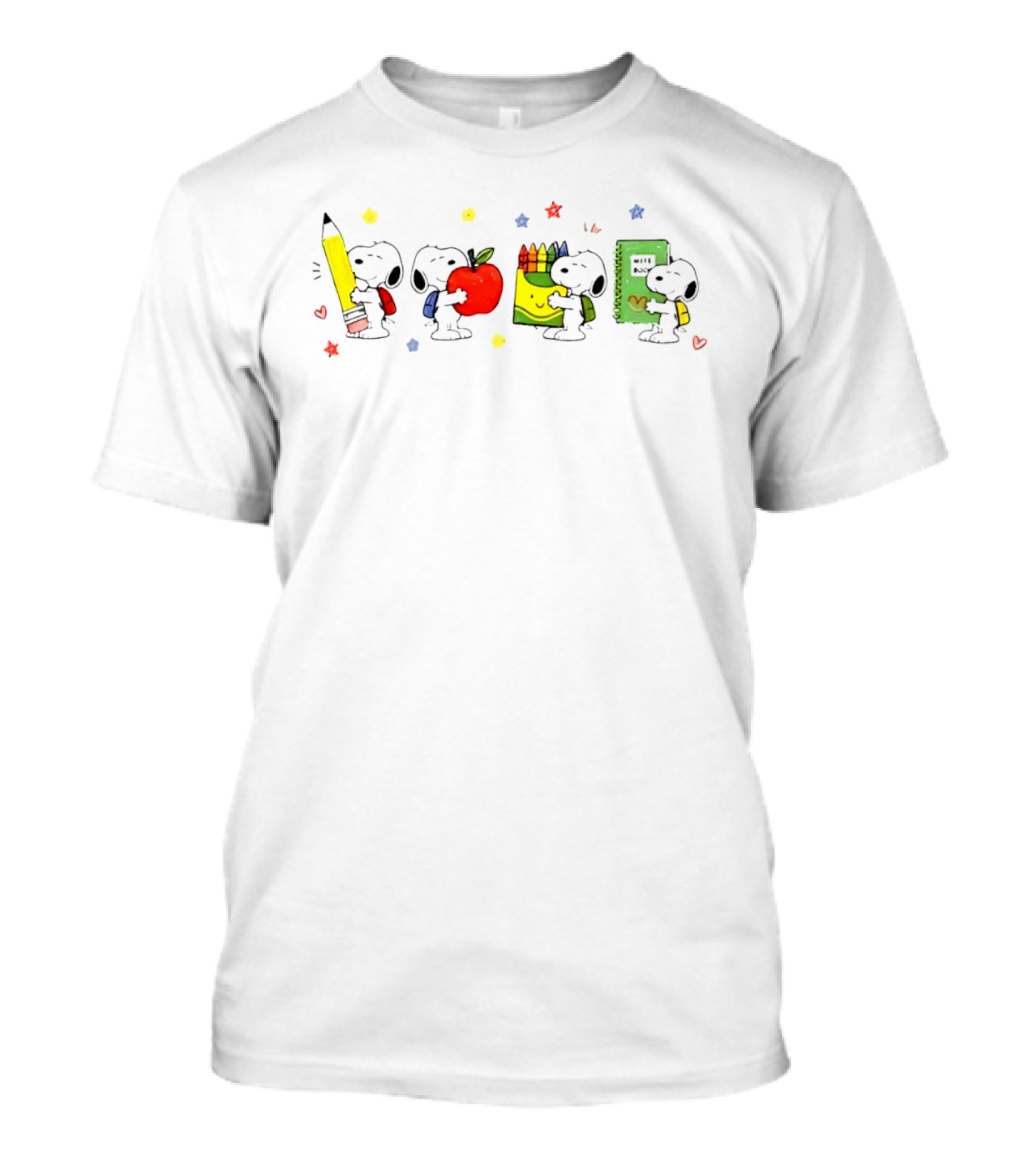 Peanuts Snoopy Cartoon Characters With School Supplies Pencil Apple Crayons Notebook T-Shirt