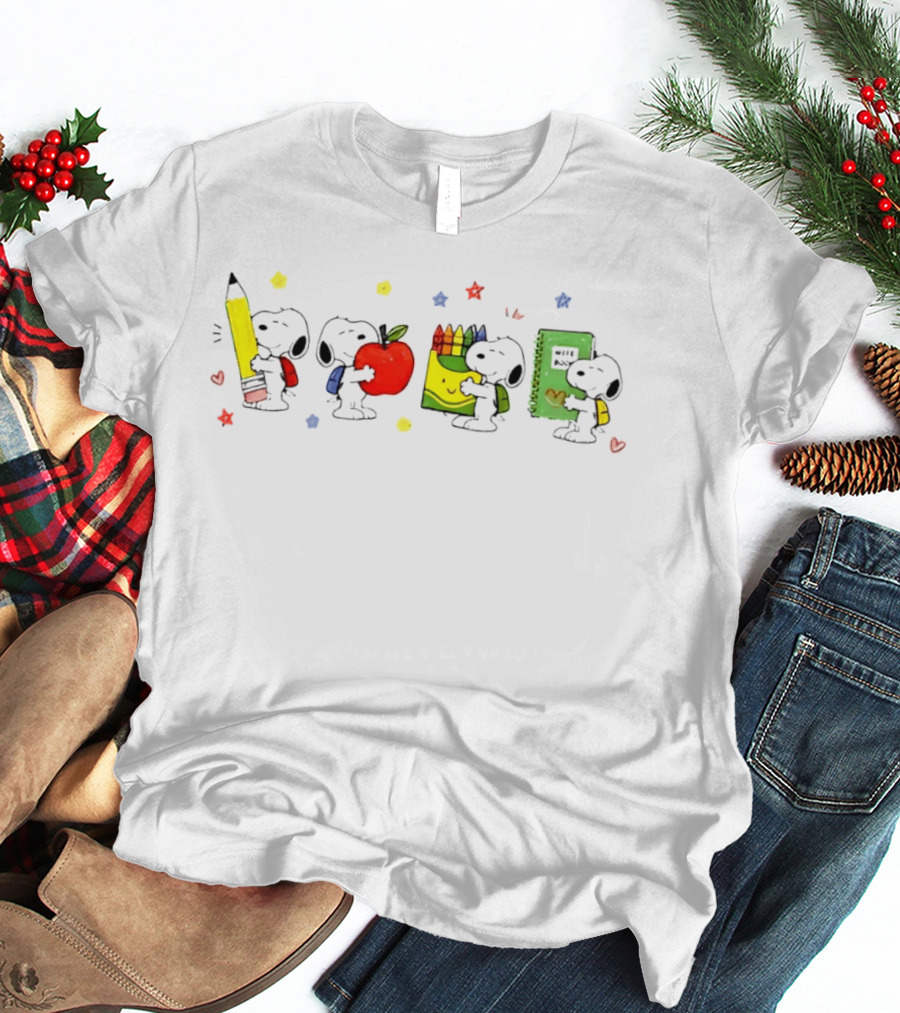 Peanuts Snoopy Cartoon Characters With School Supplies Pencil Apple Crayons Notebook T-Shirt