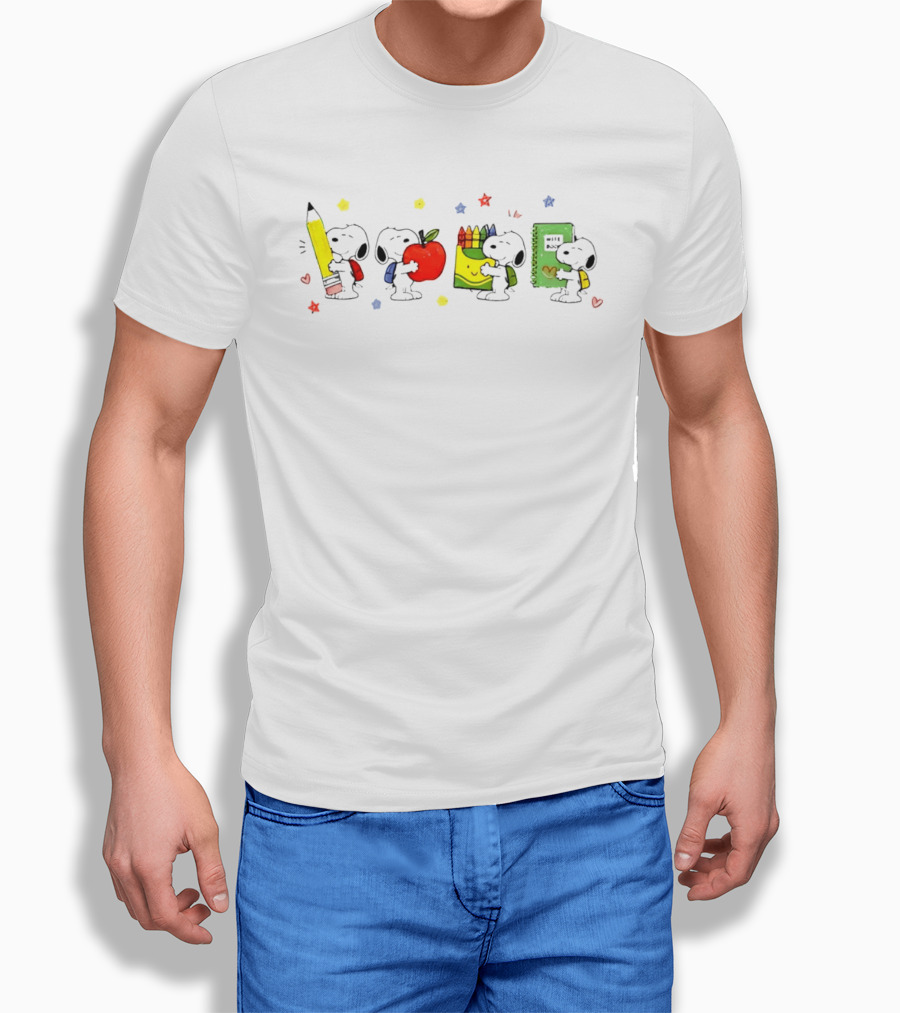Peanuts Snoopy Cartoon Characters With School Supplies Pencil Apple Crayons Notebook T-Shirt