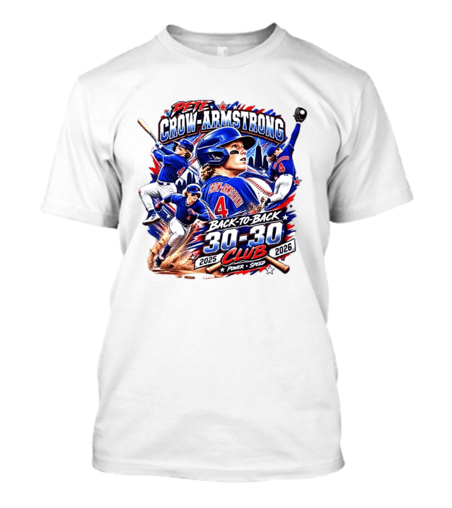 Pete Crow Armstrong Back To Back 30 30 Club 2025 2026 Power Speed Chicago Baseball Action Skyline T-Shirt