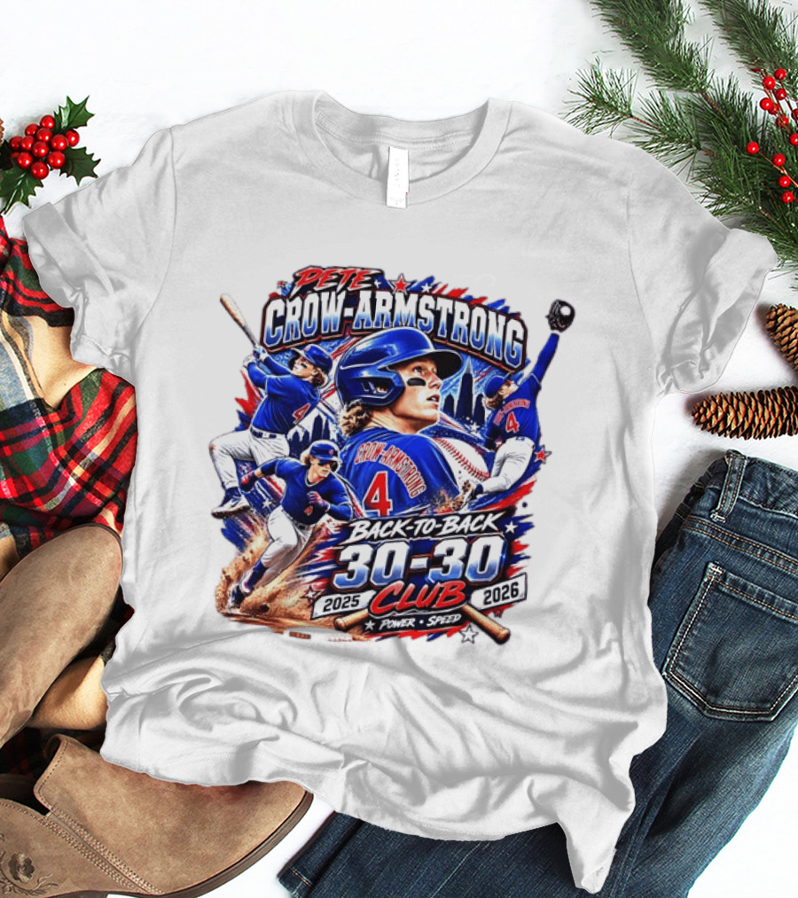 Pete Crow Armstrong Back To Back 30 30 Club 2025 2026 Power Speed Chicago Baseball Action Skyline T-Shirt