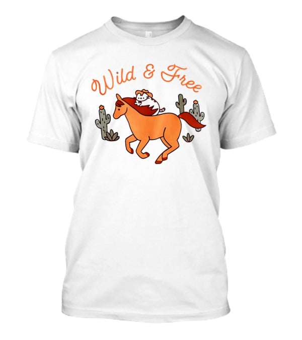 Wild And Free Cartoon Cowboy Cat Galloping Horse Cactus Scene T-Shirt
