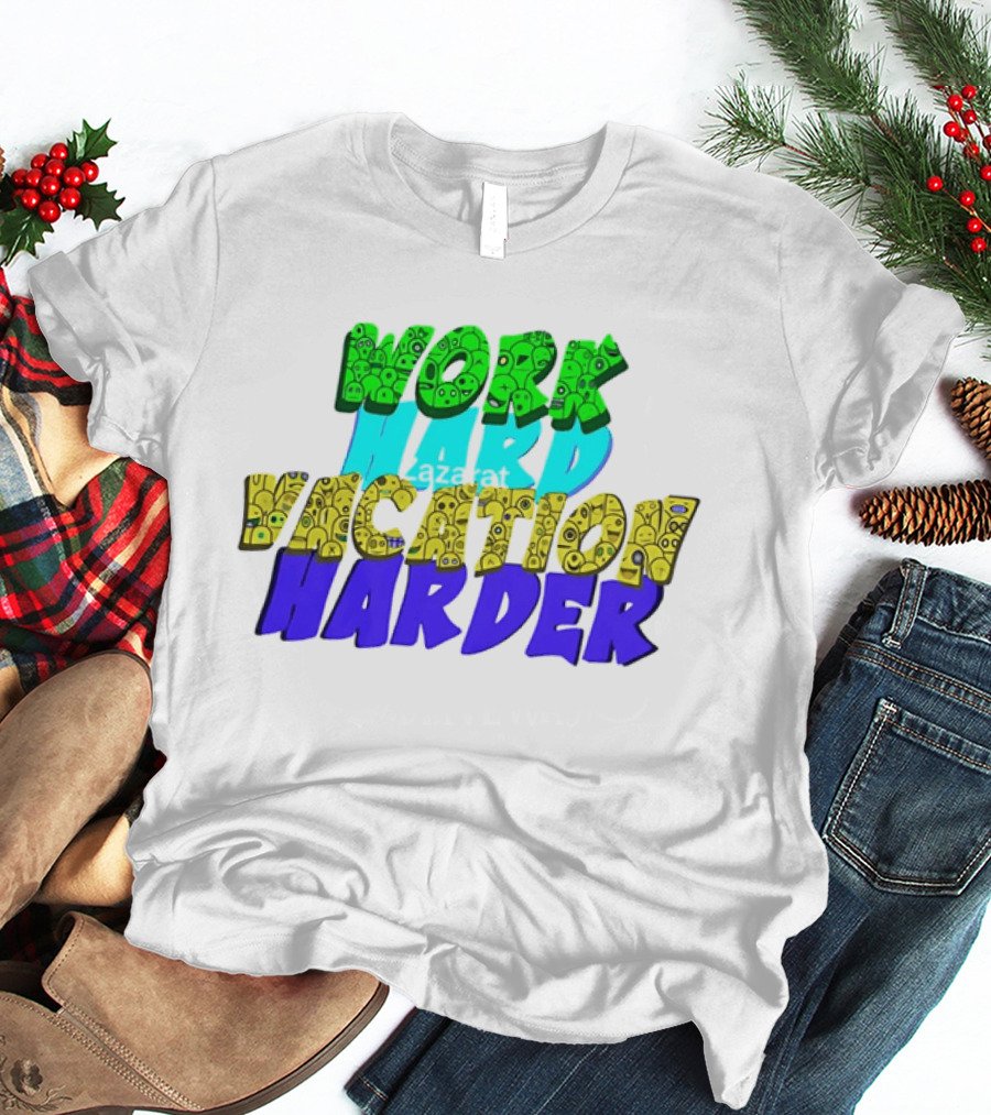 Work Hard Vacation Harder Emoji Patterned Colorful T-Shirt