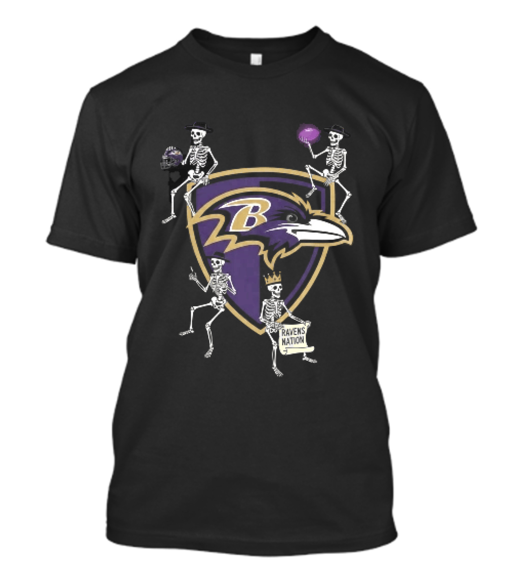 Baltimore Ravens Nation Skeletons Football Helmet Shield Ravens Logo Halloween T-Shirt