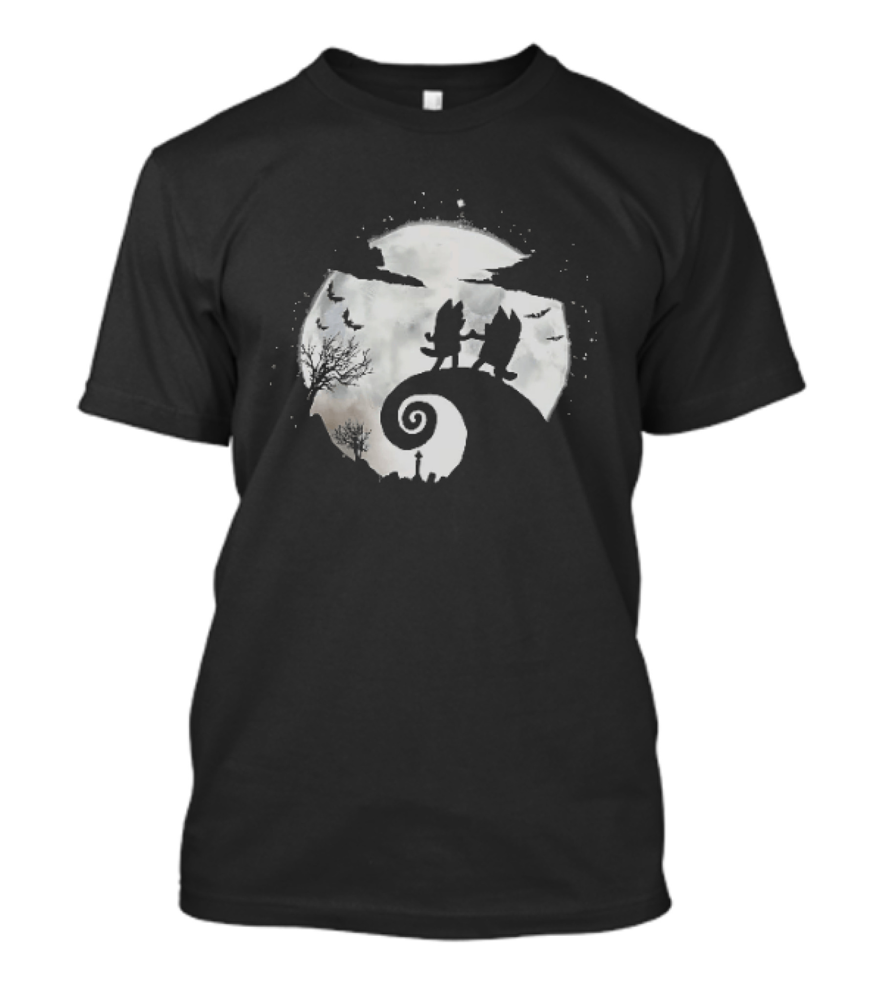 Bluey And Bingo Halloween Mashup With Iconic Moonlit Hill Scene T-Shirt