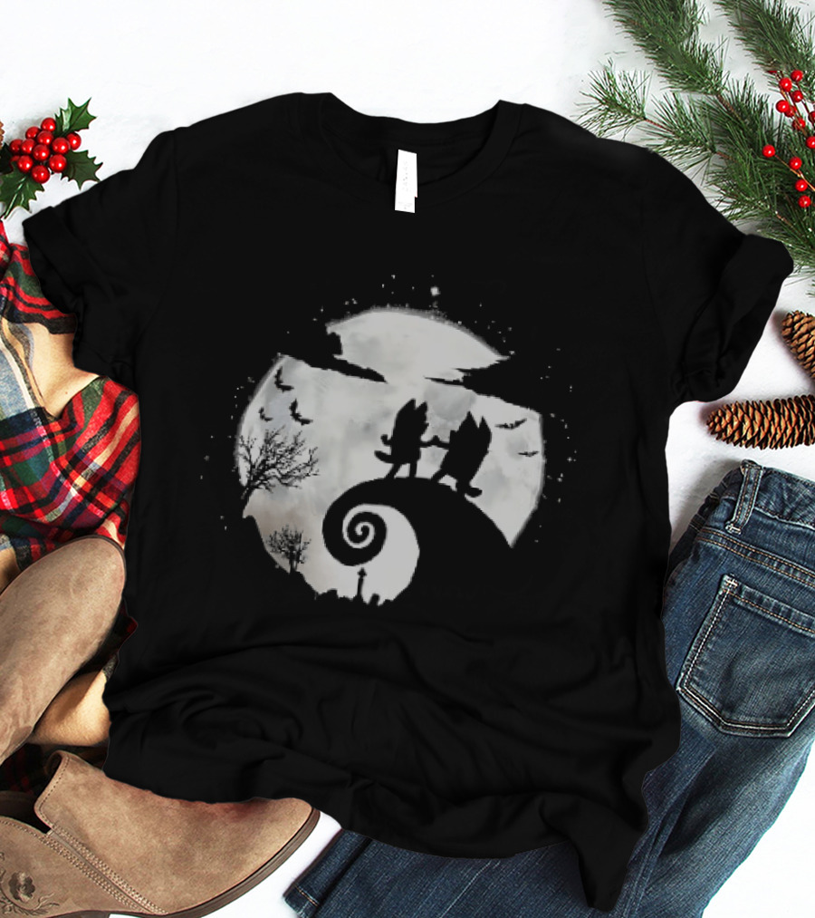 Bluey And Bingo Halloween Mashup With Iconic Moonlit Hill Scene T-Shirt