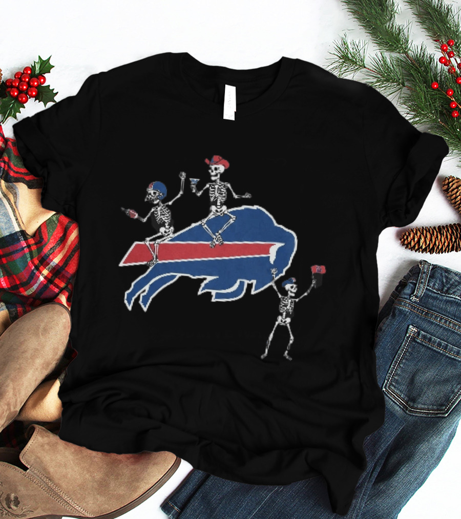 Buffalo Bills Skeletons Riding Logo With Cowboy Hats And Footballs T-Shirt