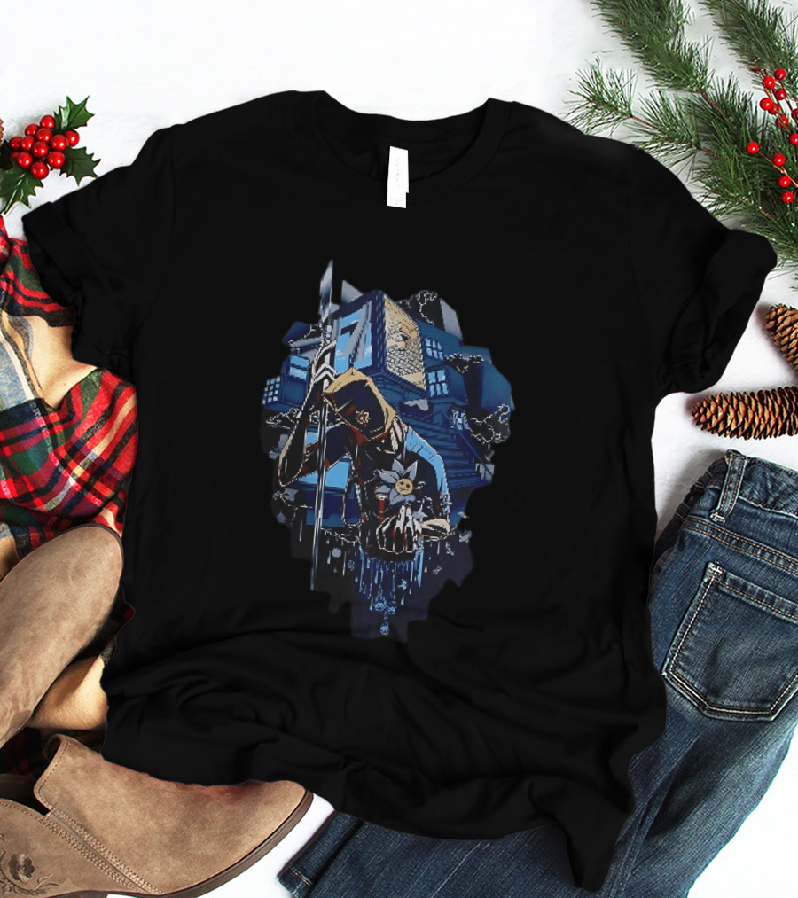 Masked Figure With Spear And Smiling Flower By Mysterious Floating House T-Shirt