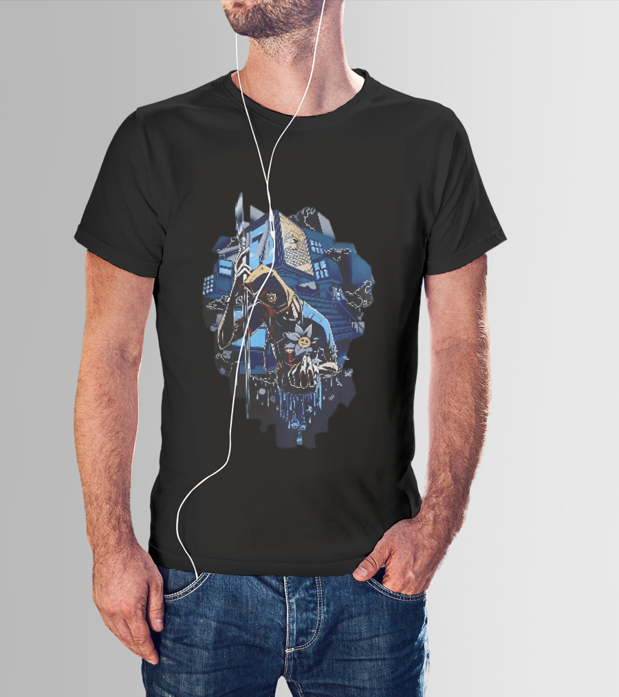 Masked Figure With Spear And Smiling Flower By Mysterious Floating House T-Shirt
