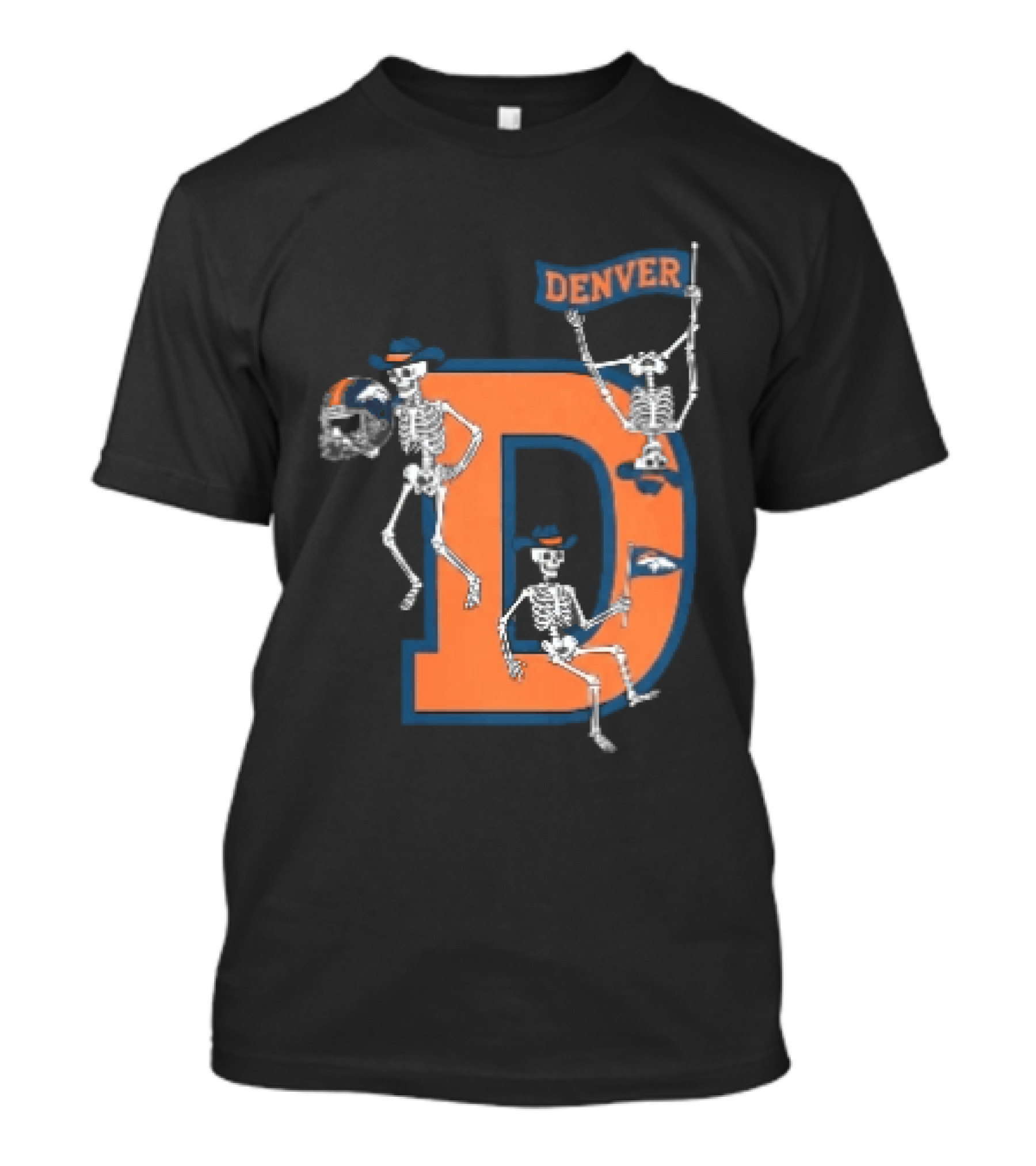 Denver Broncos Skeletons Cowboy Hats Big D Helmet Flag Orange T-Shirt