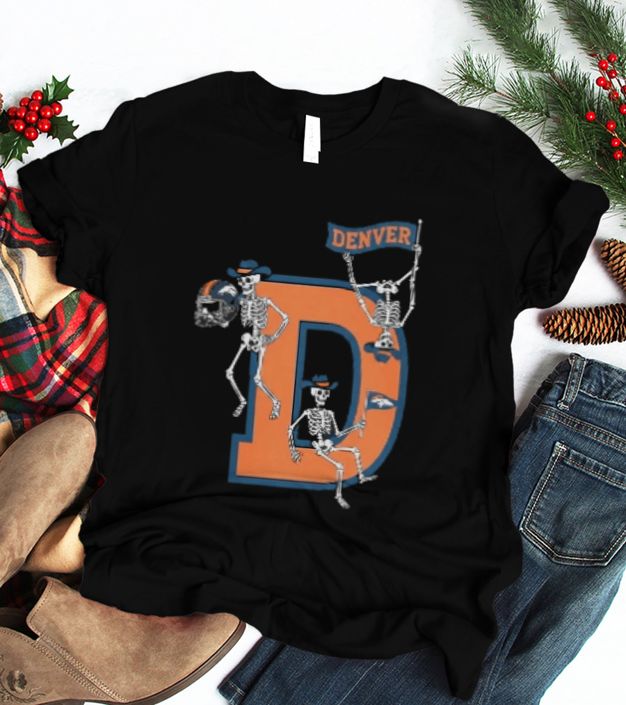 Denver Broncos Skeletons Cowboy Hats Big D Helmet Flag Orange T-Shirt