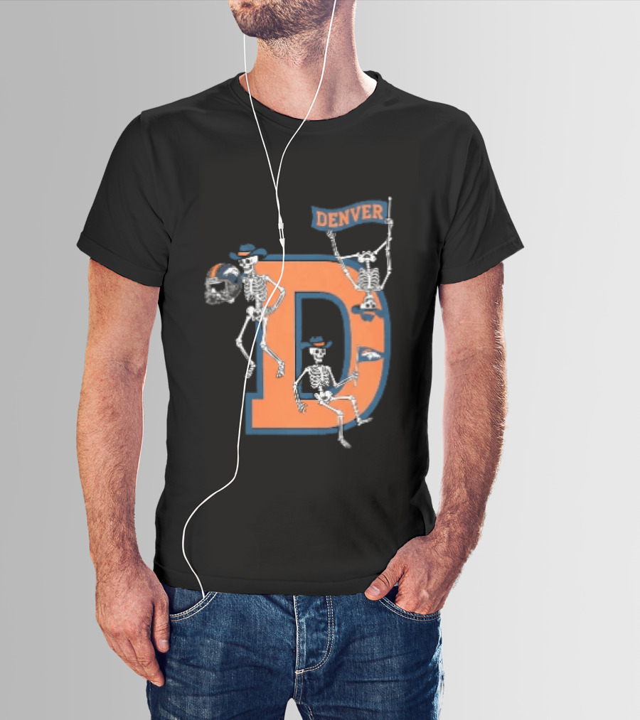 Denver Broncos Skeletons Cowboy Hats Big D Helmet Flag Orange T-Shirt