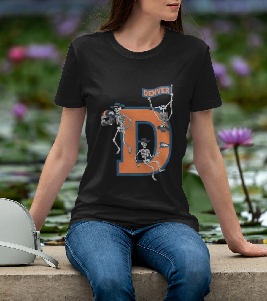 Denver Broncos Skeletons Cowboy Hats Big D Helmet Flag Orange T-Shirt