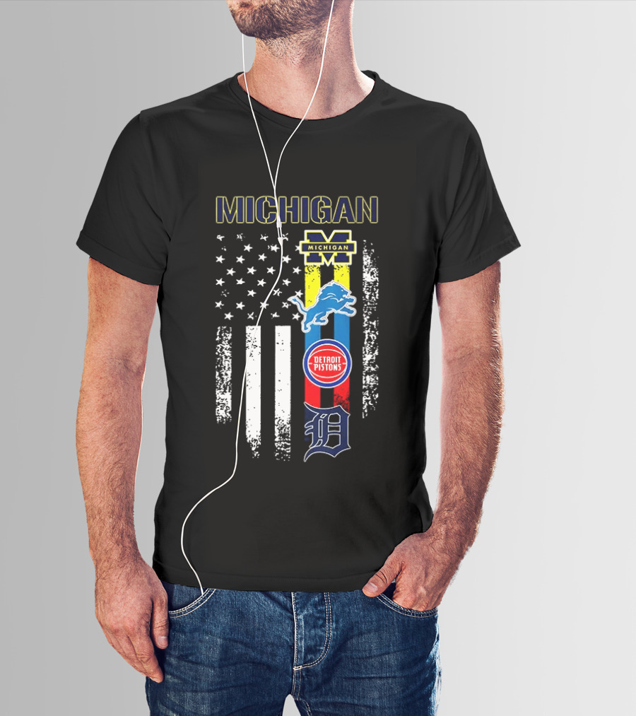 Michigan Wolverines Detroit Lions Pistons Tigers Flag T-Shirt