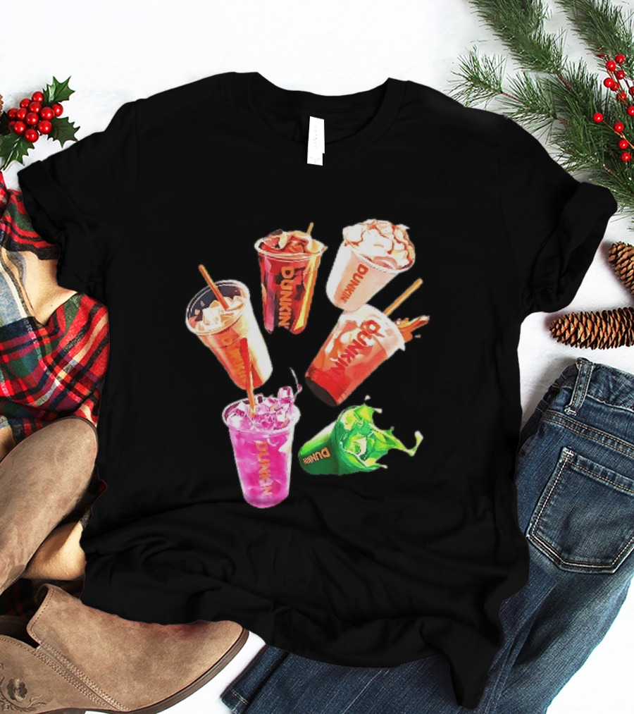 Dunkin Colorful Iced Coffee Beverages Splash With Straws T-Shirt