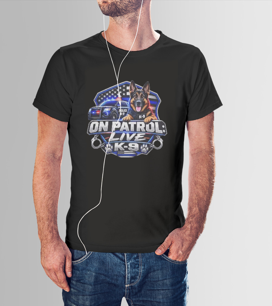 On Patrol Live K 9 German Shepherd Police Dog Badge American Flag T-Shirt