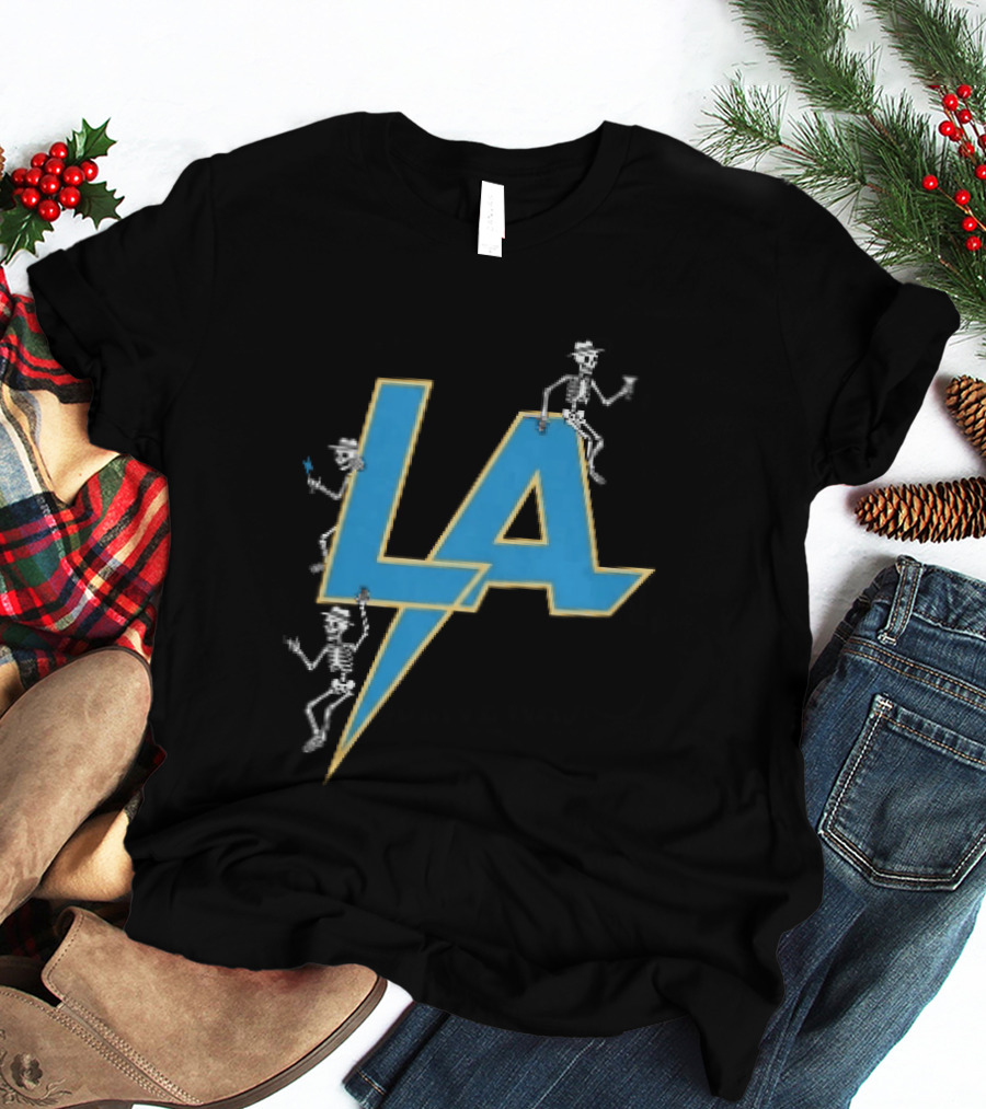 Los Angeles Chargers Skeletons On LA Lettering With Lightning Bolt T-Shirt