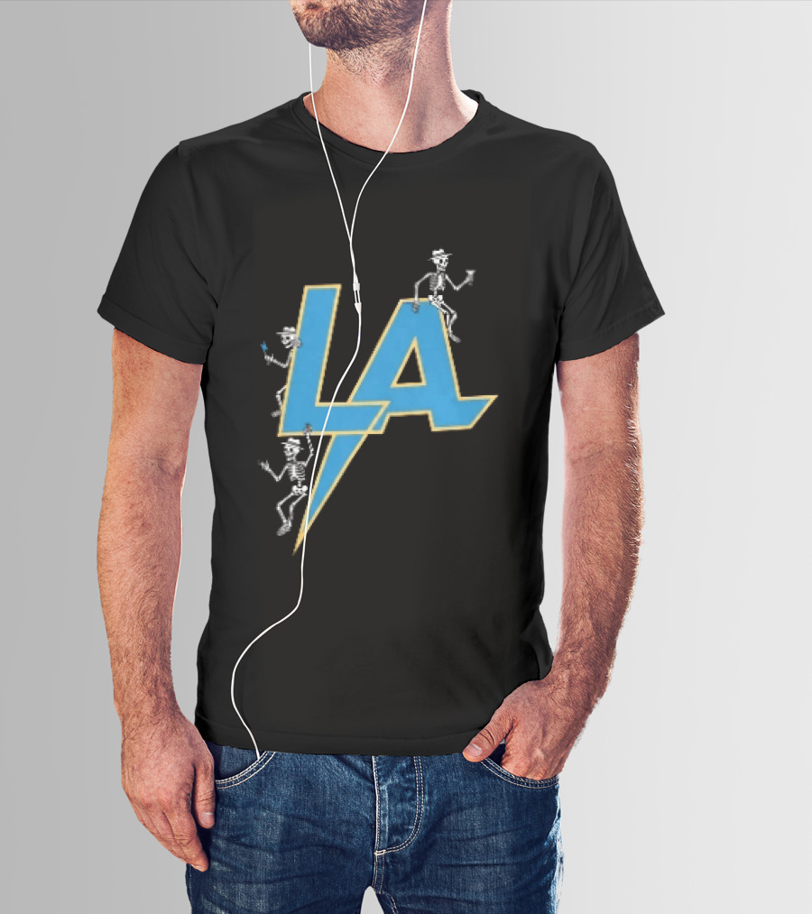 Los Angeles Chargers Skeletons On LA Lettering With Lightning Bolt T-Shirt