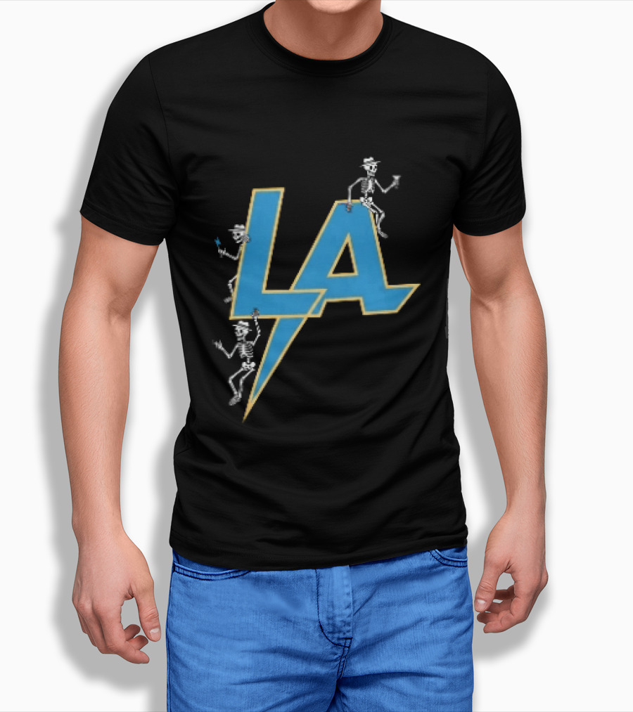 Los Angeles Chargers Skeletons On LA Lettering With Lightning Bolt T-Shirt