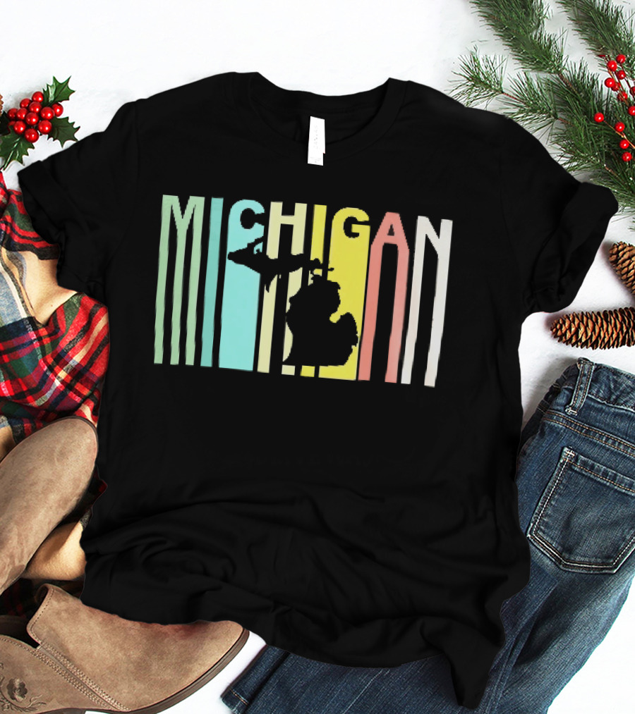 Michigan Colorful Vertical Stripe Map T-Shirt