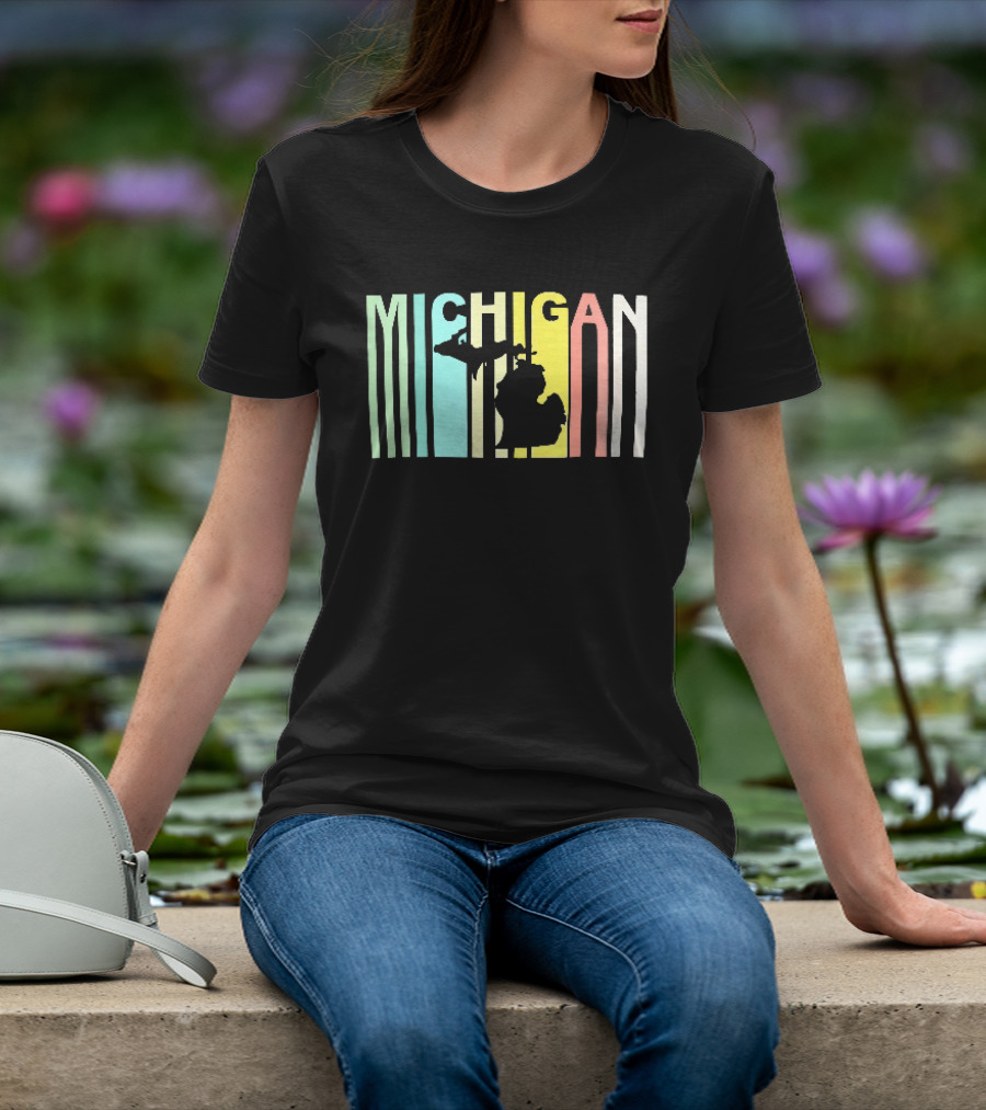 Michigan Colorful Vertical Stripe Map T-Shirt