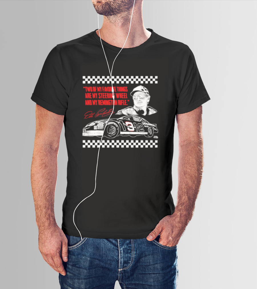 Two Of My Favorite Things Are My Steering Wheel And My Remington Rifle Racing Car 3 Checkered Flag T-Shirt