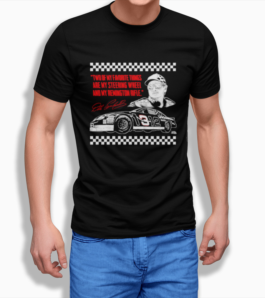 Two Of My Favorite Things Are My Steering Wheel And My Remington Rifle Racing Car 3 Checkered Flag T-Shirt