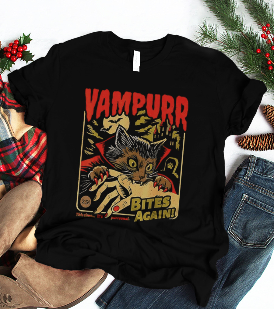 Vampurr Bites Again Vampire Cat Halloween Vintage Spooky Paws T-Shirt