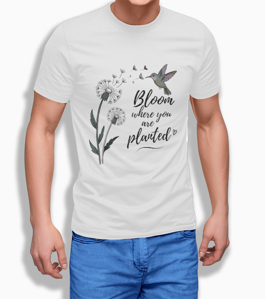 Bloom Where You Are Planted Hummingbird Dandelion Seeds Heart Sketch T-Shirt