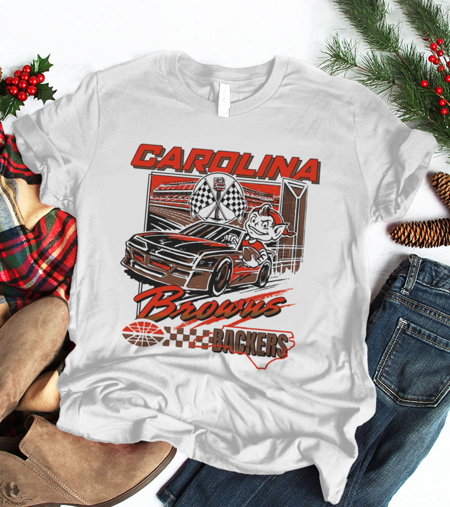 Carolina Browns Backers Racing Stadium Elf Car Checked Flag T-Shirt