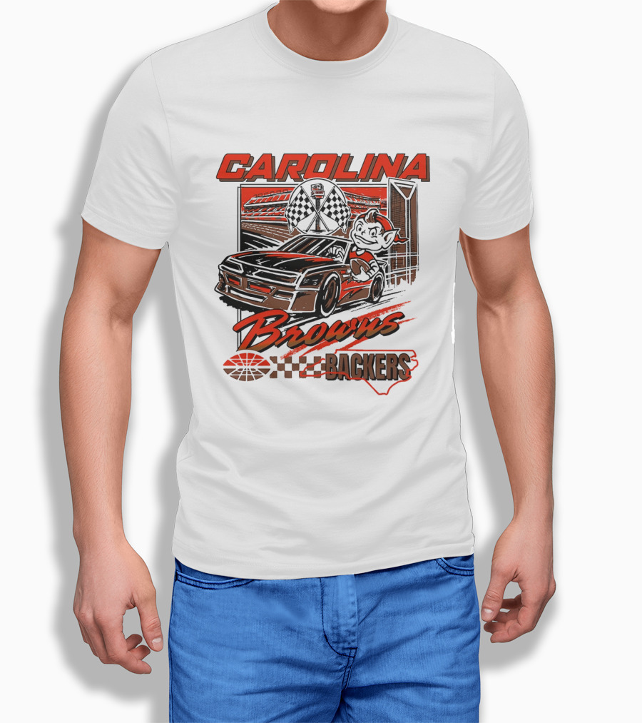 Carolina Browns Backers Racing Stadium Elf Car Checked Flag T-Shirt