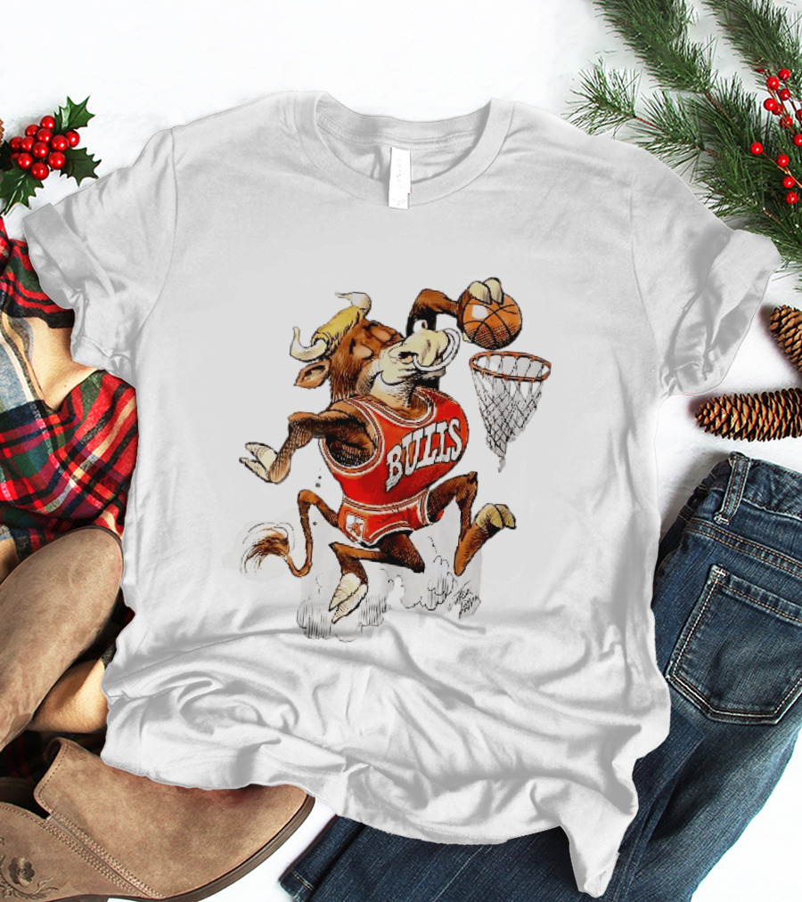 Chicago Bulls NBA Jack Davis Cartoon Caricature Dunking Basketball Hoop Sports Fanatic T-Shirt
