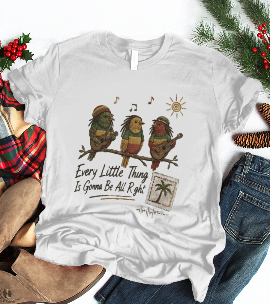 Every Little Thing Is Gonna Be All Right Reggae Birds Guitar Sunshine Palm Stamp Music Notes T-Shirt