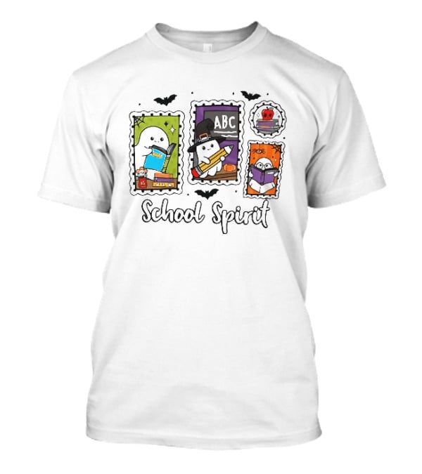 School Spirit Ghosts Holding Books Halloween Postage Stamps ABC Bats T-Shirt