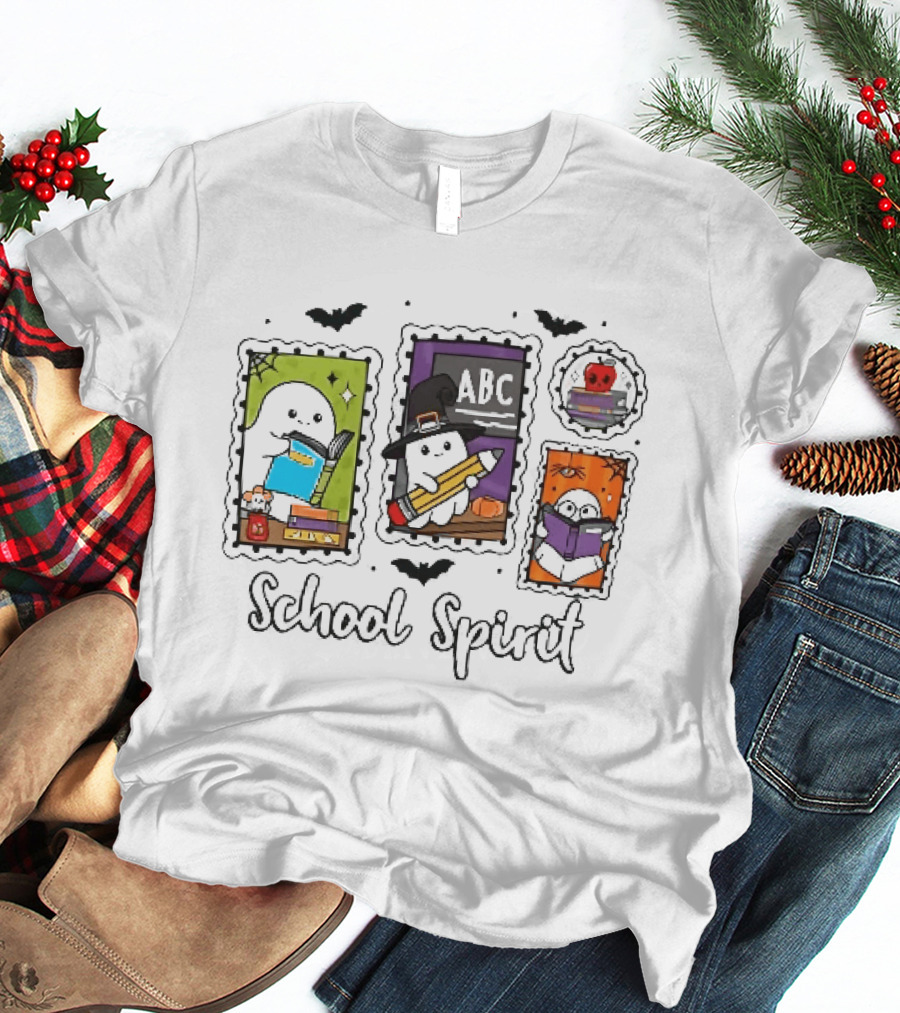 School Spirit Ghosts Holding Books Halloween Postage Stamps ABC Bats T-Shirt