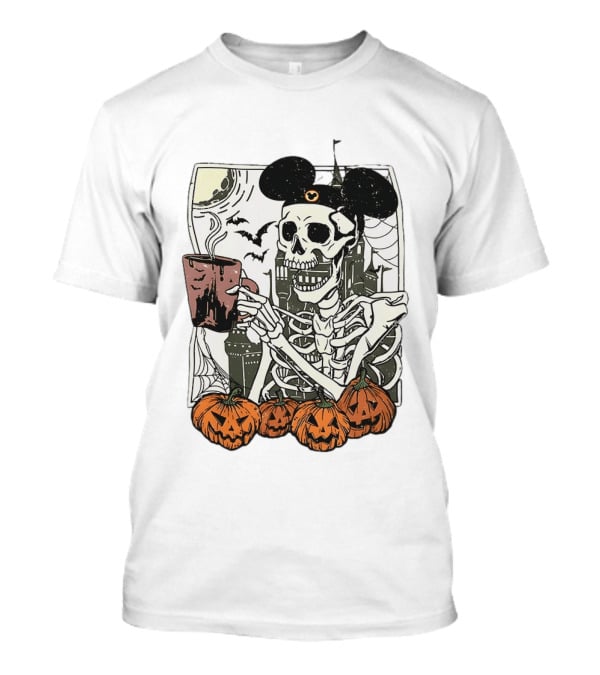 Spooky Skeleton With Coffee Mouse Ears Pumpkins Bats Halloween 2026 T-Shirt