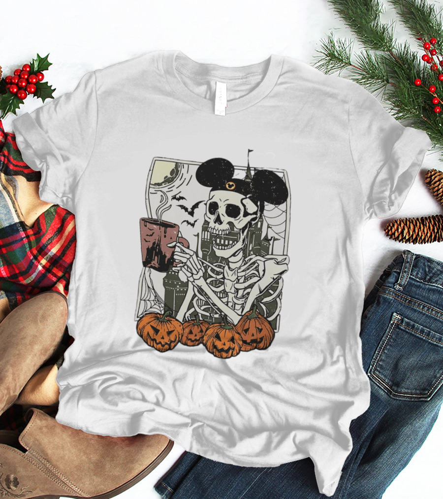 Spooky Skeleton With Coffee Mouse Ears Pumpkins Bats Halloween 2026 T-Shirt