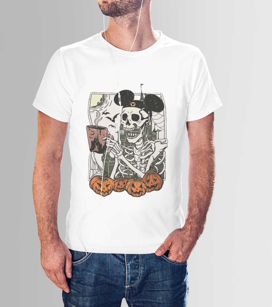 Spooky Skeleton With Coffee Mouse Ears Pumpkins Bats Halloween 2026 T-Shirt