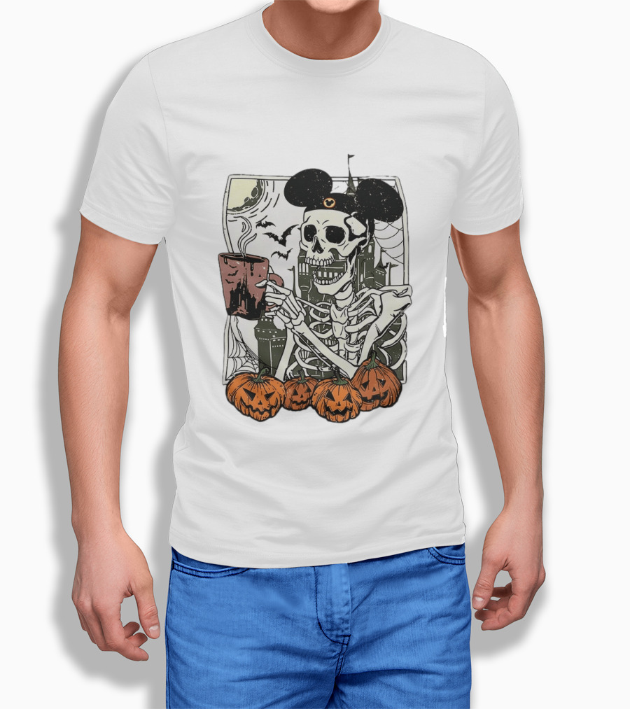 Spooky Skeleton With Coffee Mouse Ears Pumpkins Bats Halloween 2026 T-Shirt