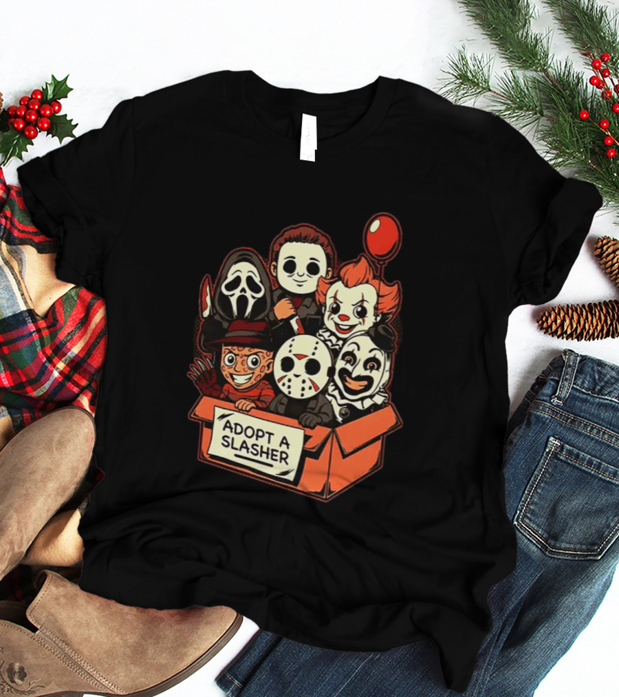 Adopt A Slasher Horror Characters Halloween Box With Iconic Balloon And Masked Monsters T-Shirt