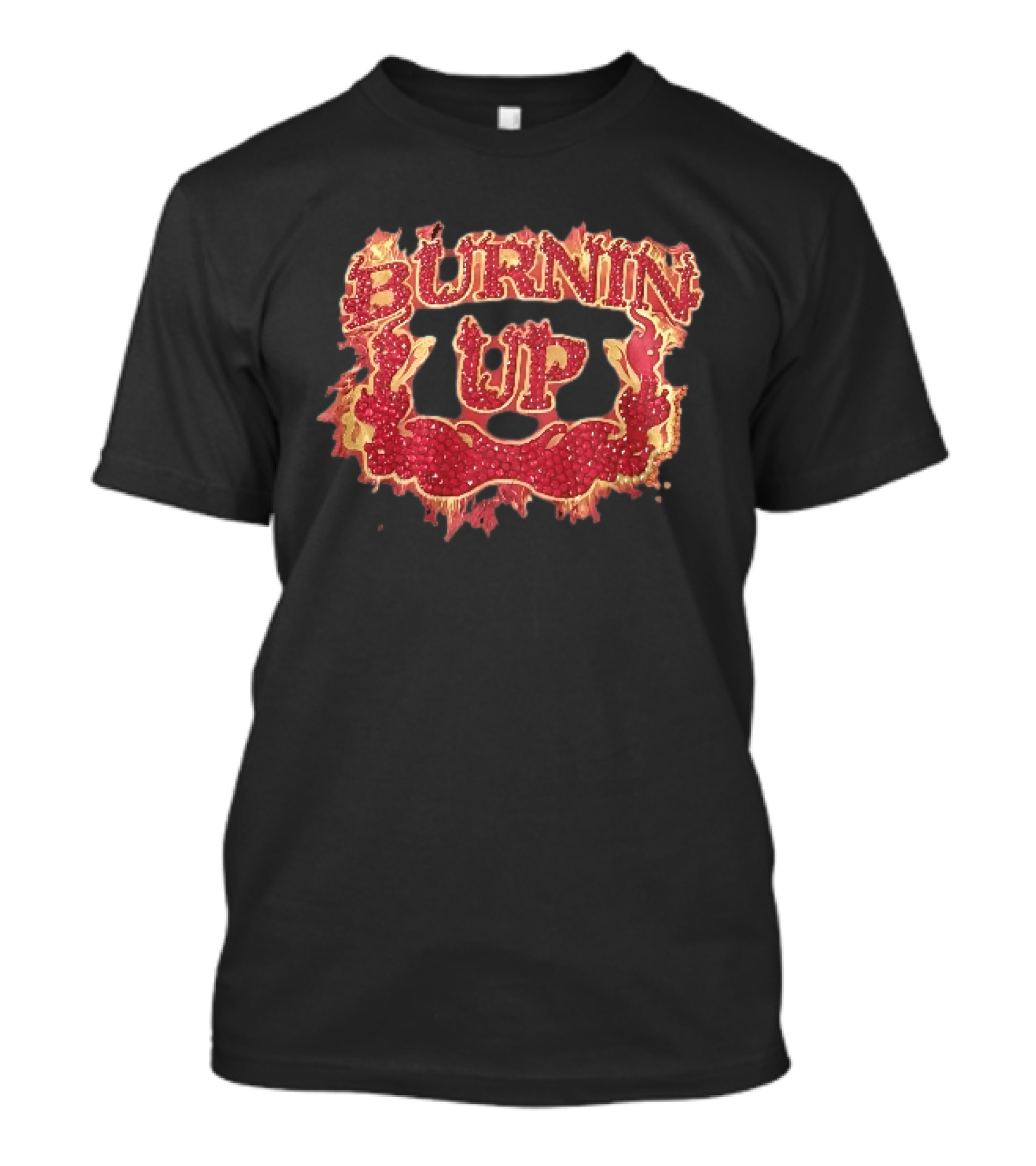 Burnin Up Red Rhinestone Gemstone Lettering Flaming Crest Frame Fiery T-Shirt