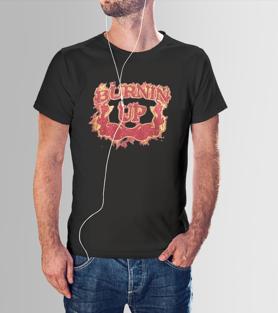 Burnin Up Red Rhinestone Gemstone Lettering Flaming Crest Frame Fiery T-Shirt