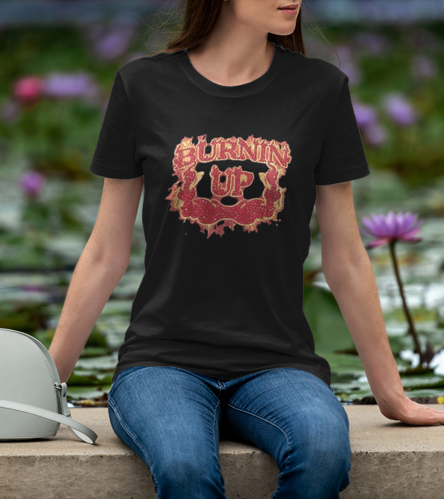 Burnin Up Red Rhinestone Gemstone Lettering Flaming Crest Frame Fiery T-Shirt